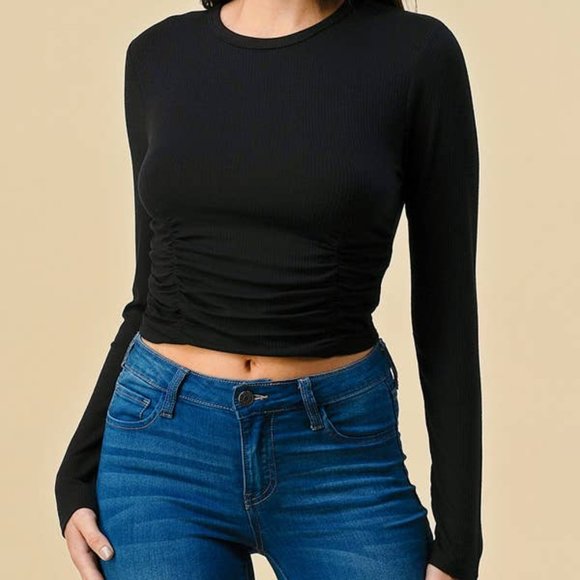 Hearts & Hips Ruched Ribbed Crop Top--Black - Picture 2 of 5